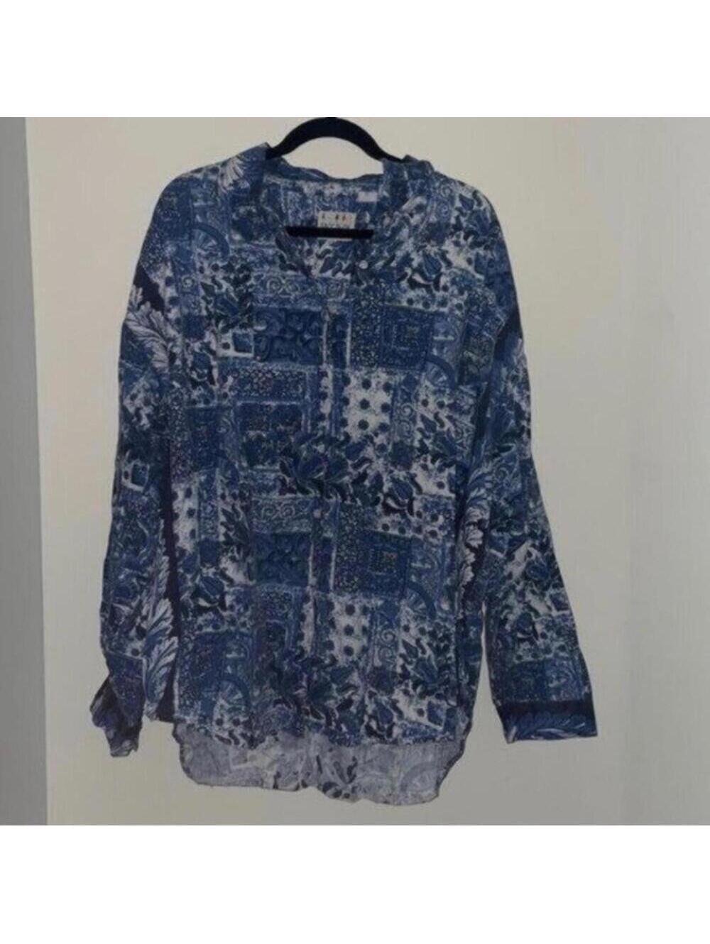 Vintage Jukebox Blue Patchwork Bandana Print Long Sleeve Button Down Shirt
